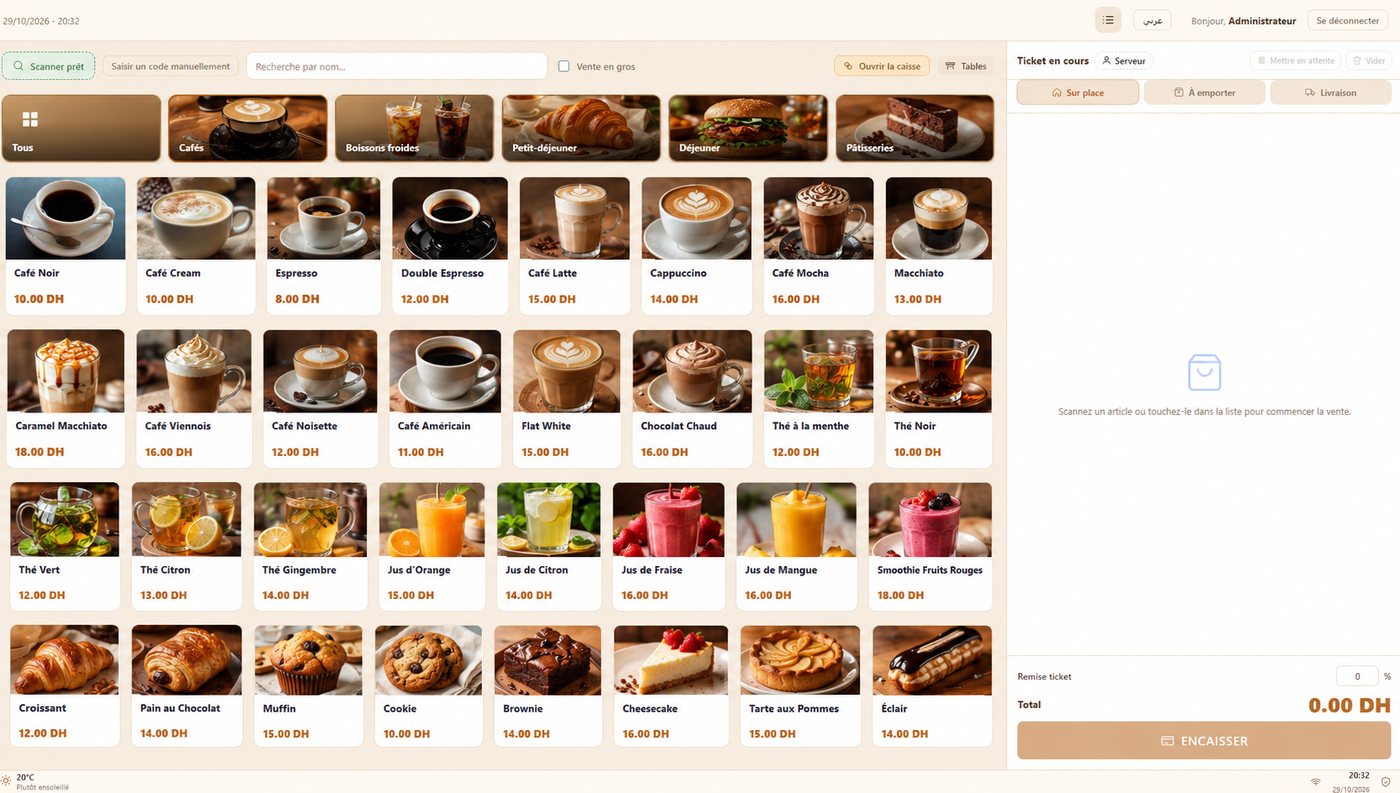 Écran de caisse ANS POS pour café : boissons, viennoiseries et pâtisseries avec photos et prix