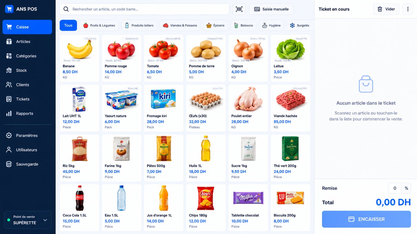 Écran de caisse ANS POS : articles par catégorie, prix en dirhams et ticket en cours