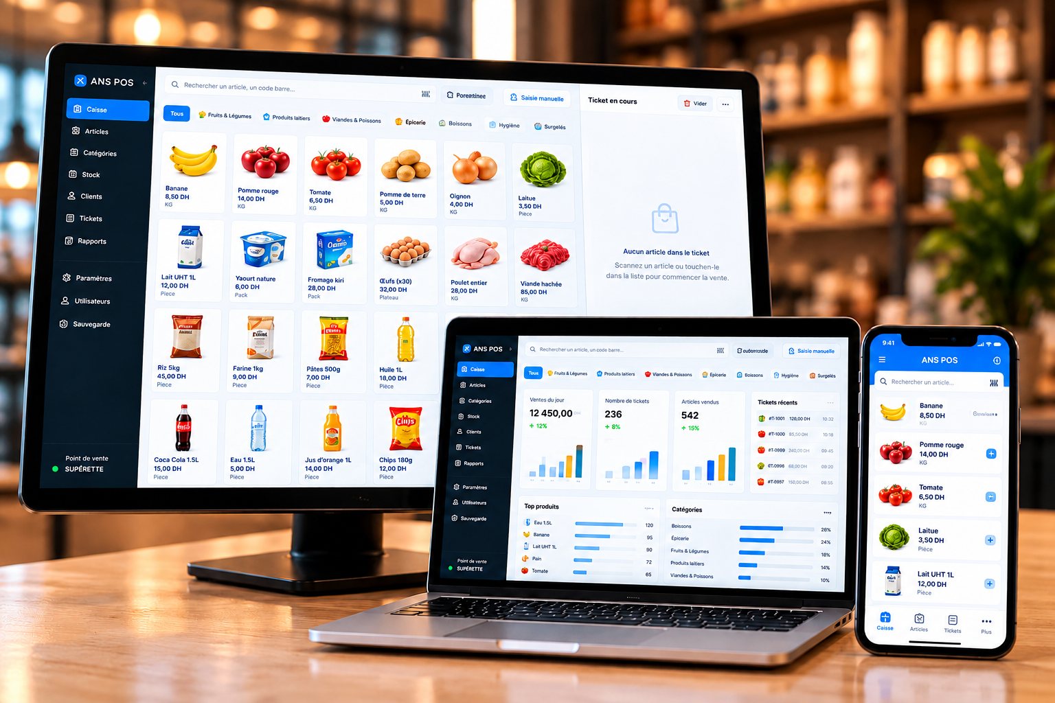 ANS POS Online on a screen, a laptop and a phone